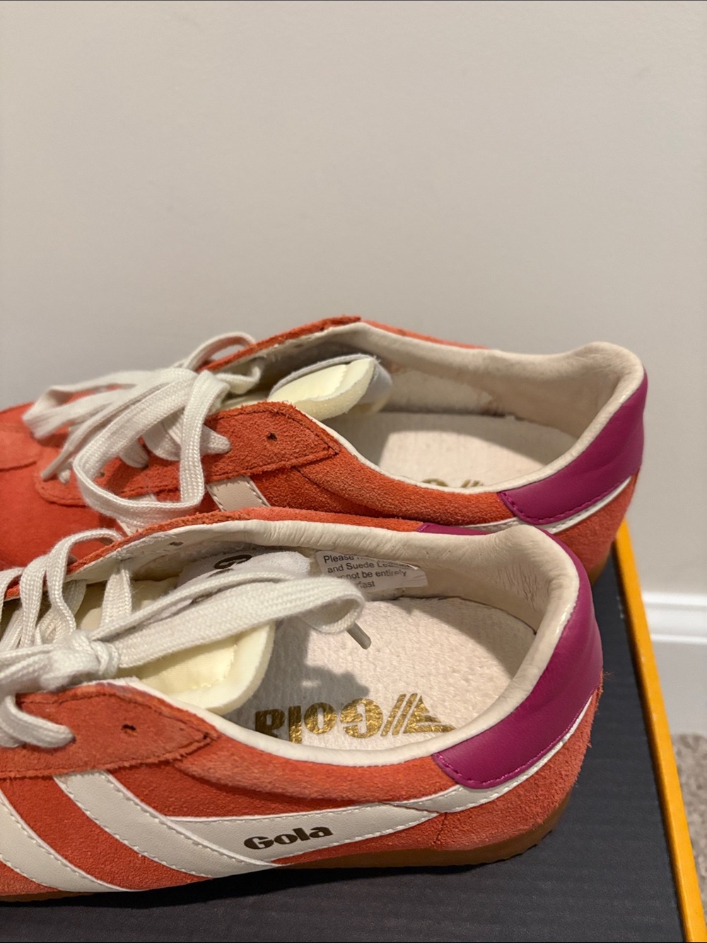 Gola Orange Suede Women’s Sneakers with White Stripes and Purple Heel - Picture 4 of 5